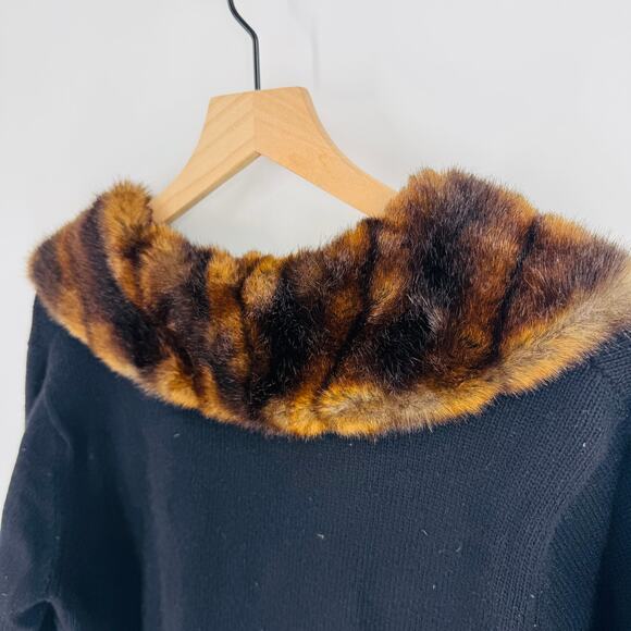 Lauren Ralph Lauren Black Merino Cashmere Angora Cardigan Faux Fur Collar Size L - Picture 4 of 9